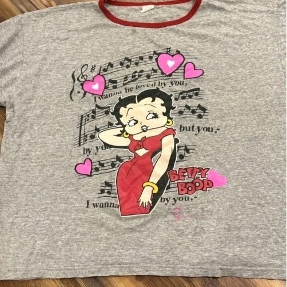 Vintage 90s Betty Boop Ringer Tshirt Gray Boxy Fit One Size Made in USA